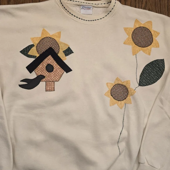 Sunflower Patchwork Embroided Hem Crewneck Granny Sweater Cottagecore - Picture 2 of 11
